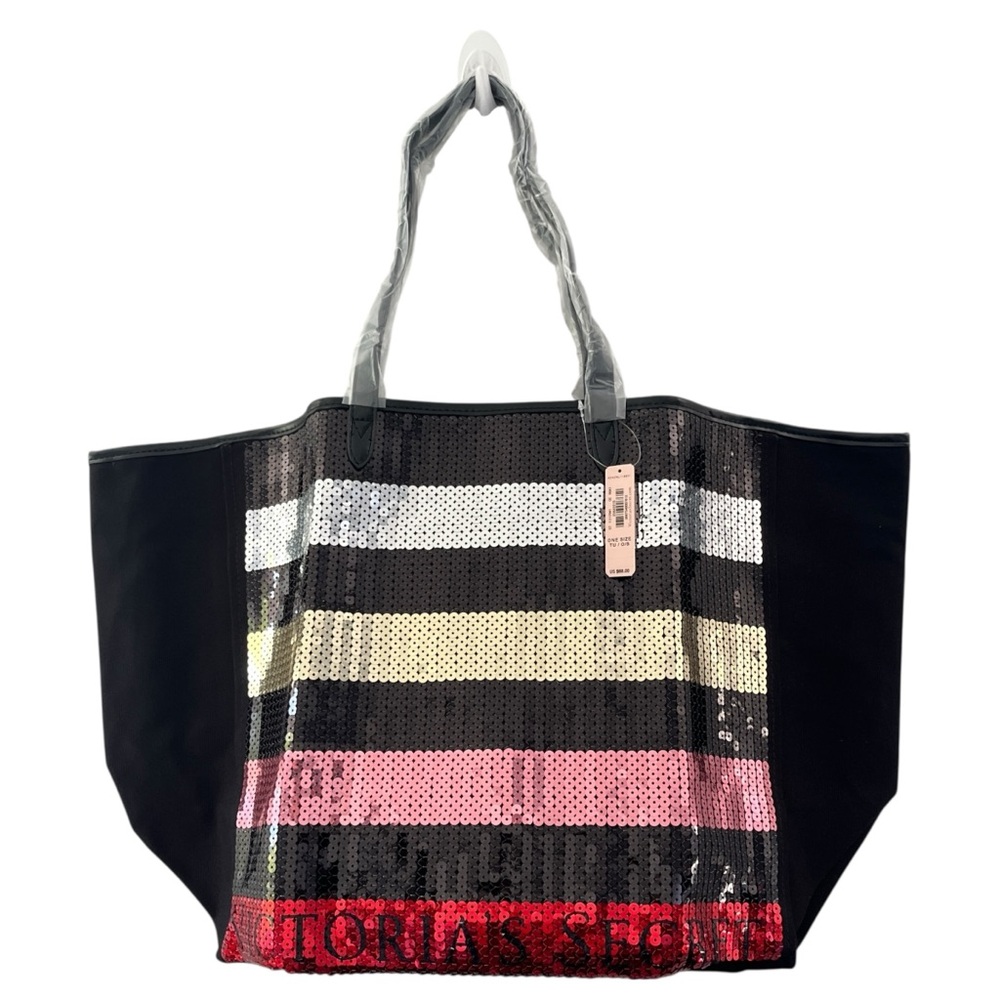 NEW Victoria's Secret Bling Stripe Sequin Carryall Tote Bag with Clutch
